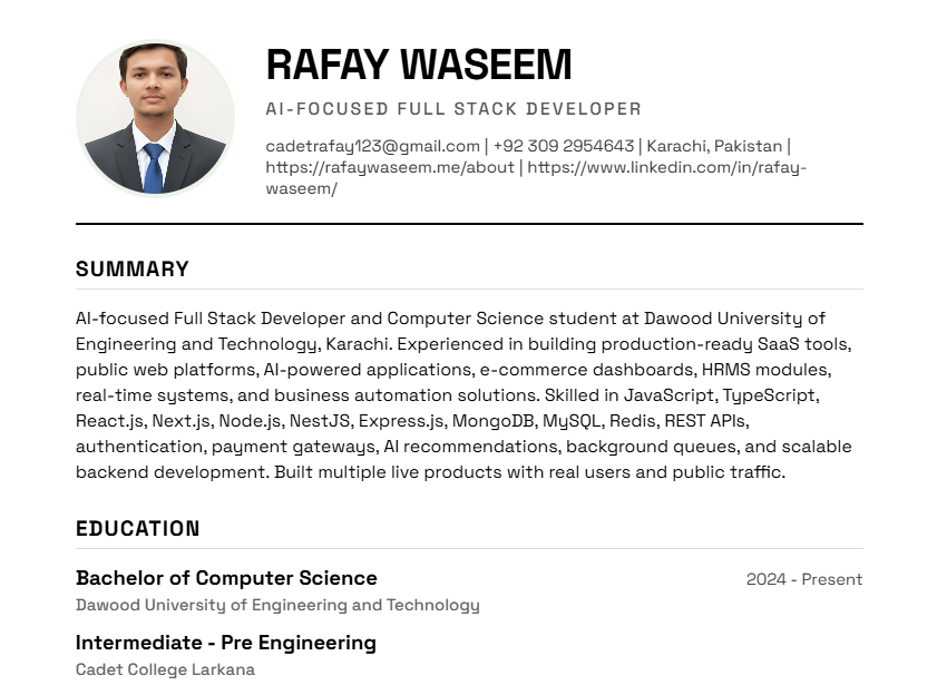 Live CV preview showing a professional resume built with CV Maker Pro free resume builder