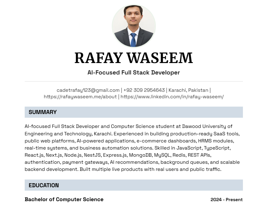 Professional resume template — structured authoritative style for finance law and medical