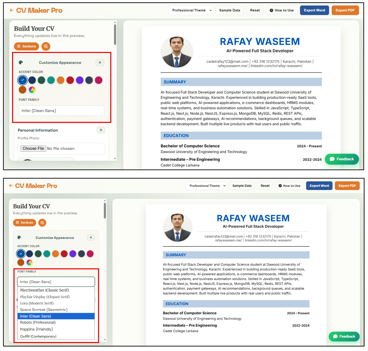 Customize Accent Colors and Font Family in CV Maker Pro