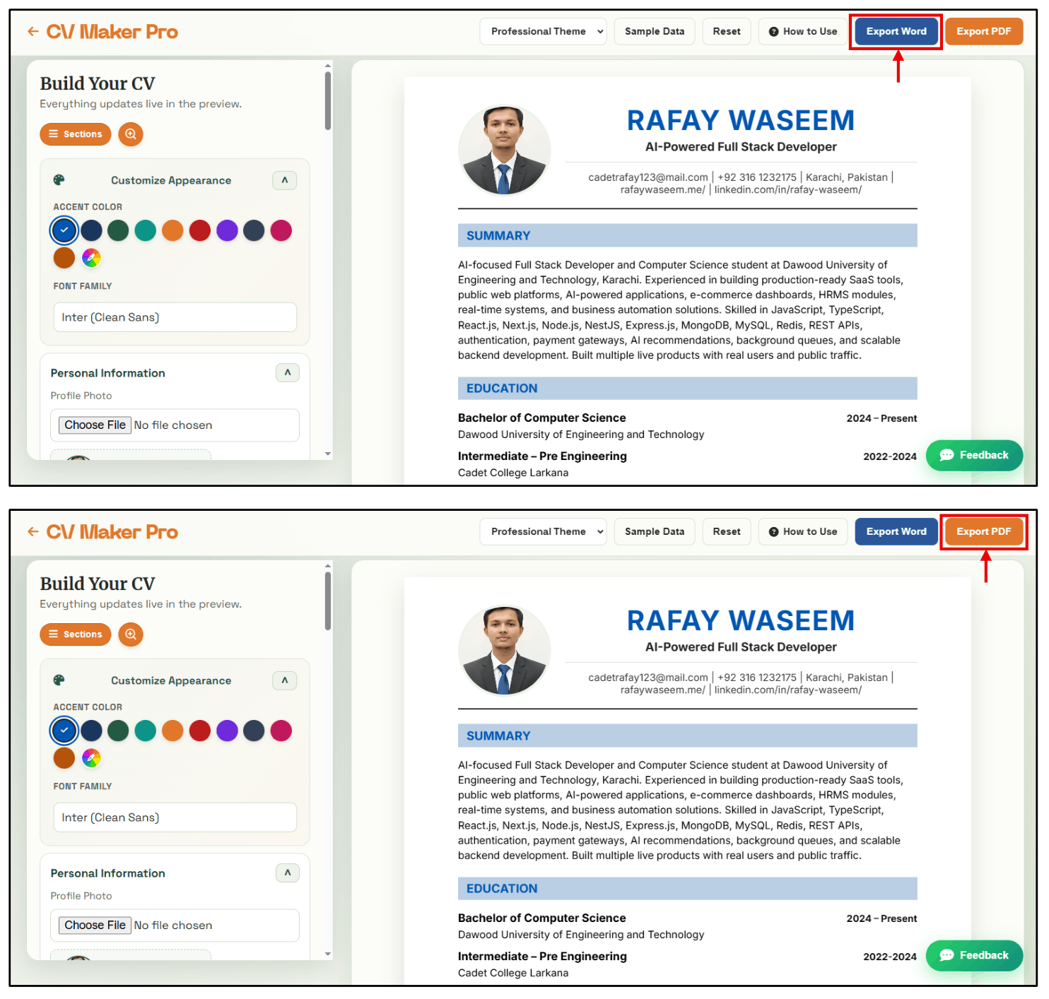 Export Word and Export PDF topbar action buttons
