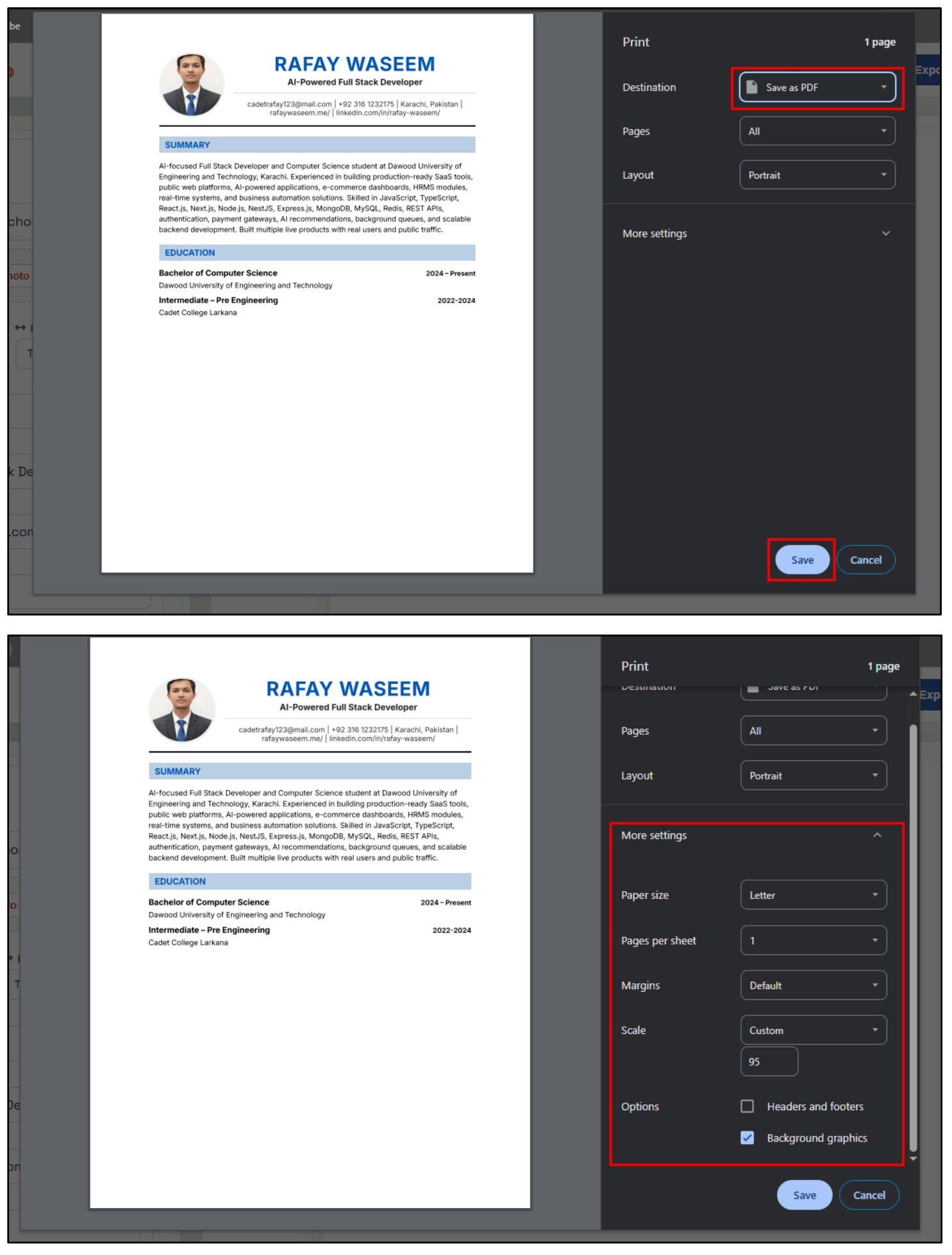 Browser print dialog settings for saving resume PDF