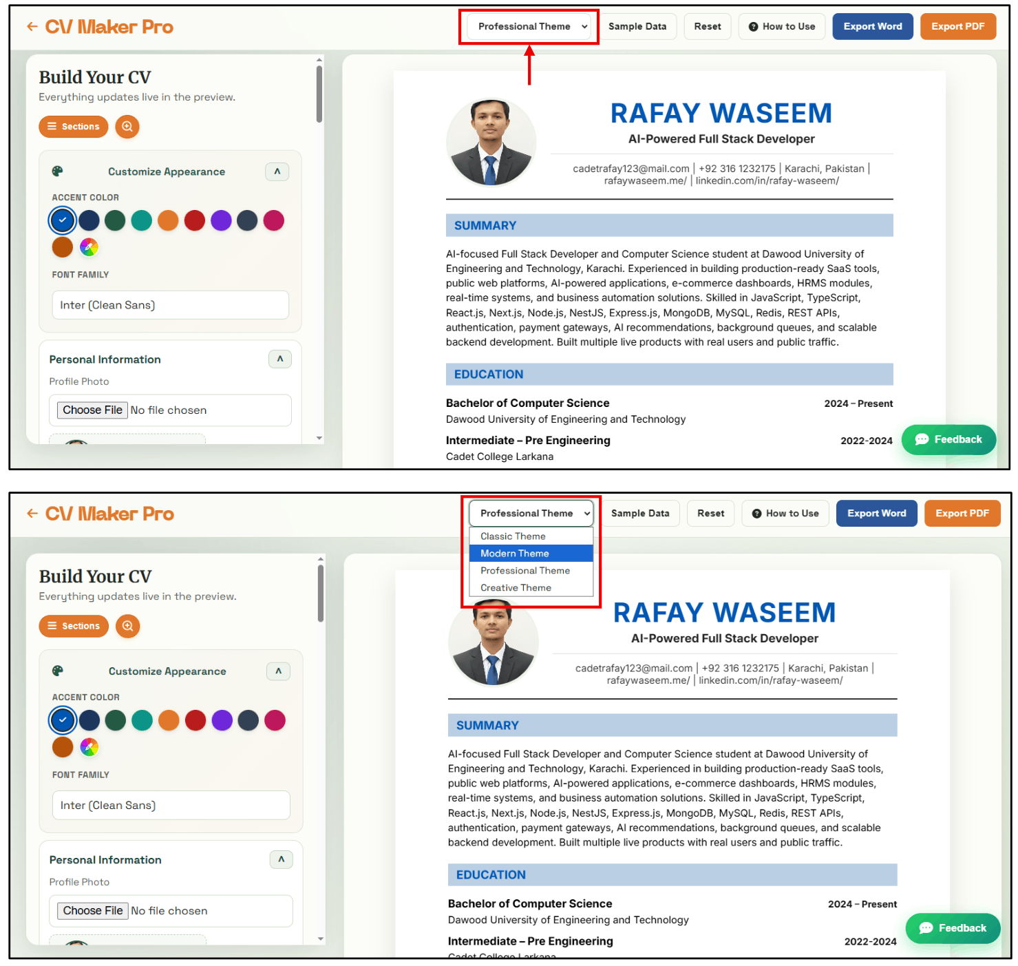 Select CV Theme dropdown menu in CV Maker Pro