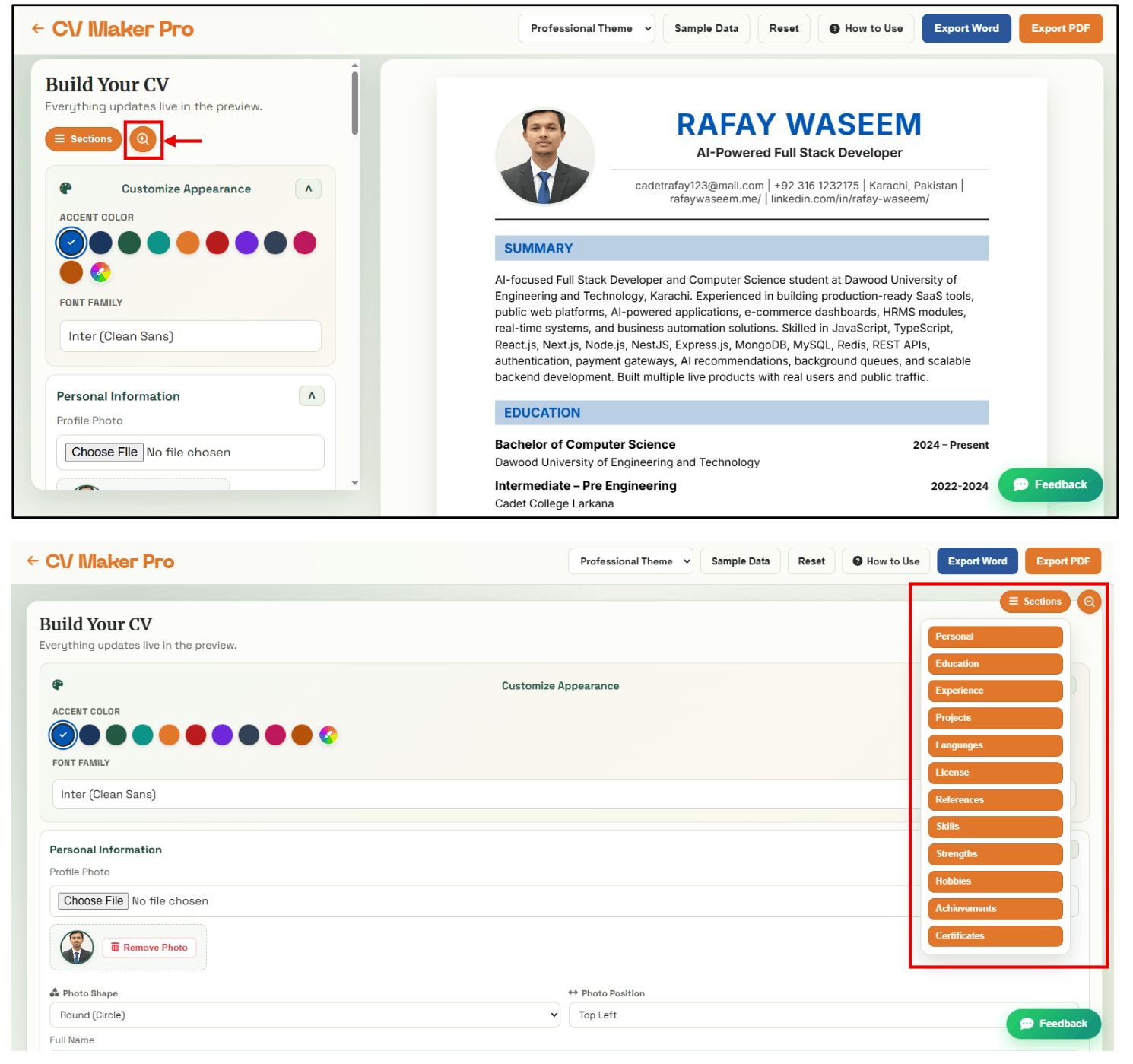 Sections Jump Menu and Zoom Focus Mode in CV Builder